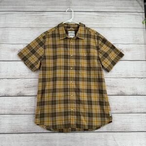 prAna Intrepid Plaid Slim Button Down Shirt Mens Large Yellow Orange Gray